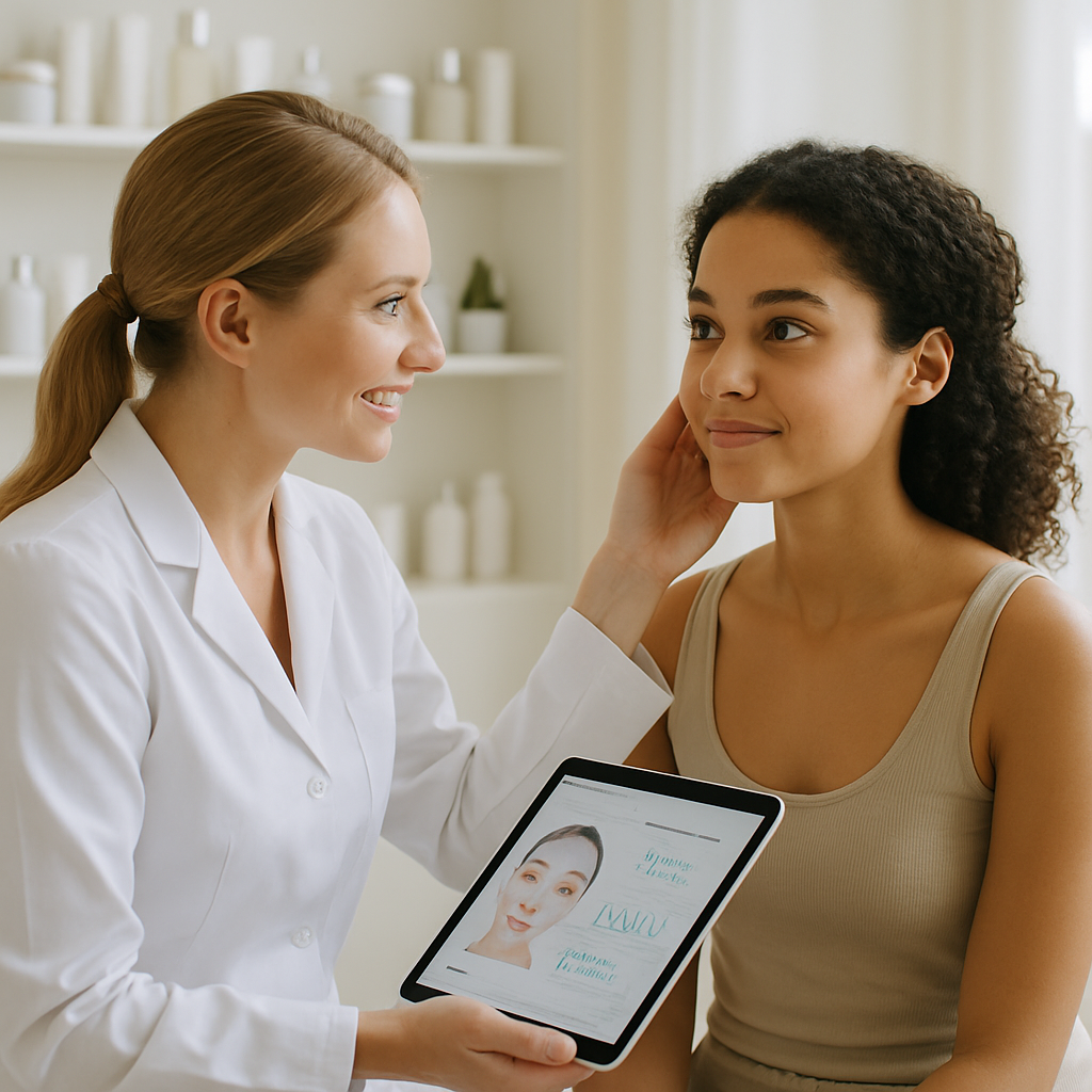 Skincare expert consulting a client with skin analysis tools